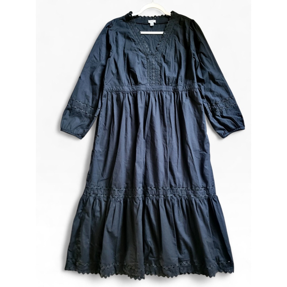 J. Crew Black Eyelet-Trim Tiered Midi Dress in Cotton Poplin with Pockets Large